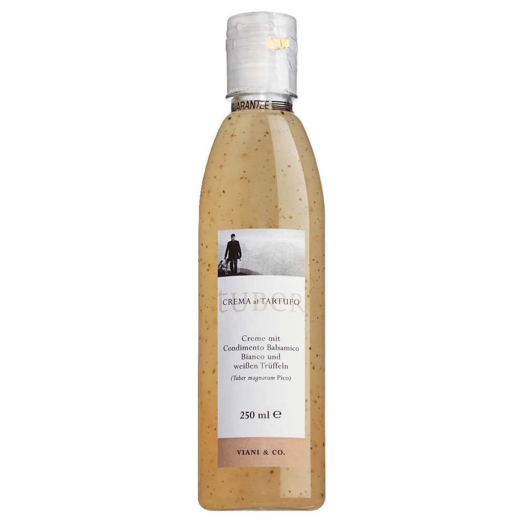 Eine 250-ml-Flasche Crema di Balsamico bianca con Tartufo (Weiße Balsamicocreme mit Trüffeln) von Viani & Co. mit weißem Etikett.
