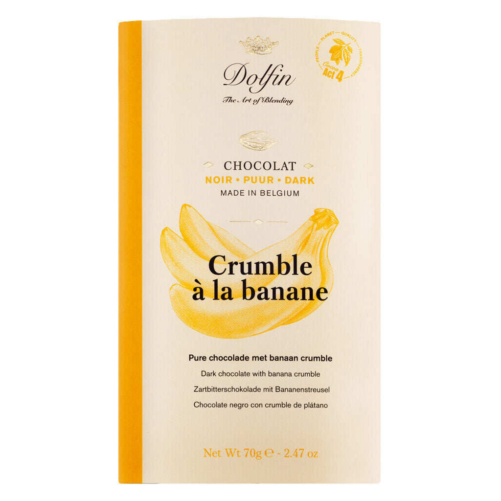 Dolfin Schokolade Zartbitterschokolade mit Bananenstreusel, 70 g: Verpackung mit gelben Bananen und Text "Crumble à la banane", pure Schokolade mit Bananencrumble.