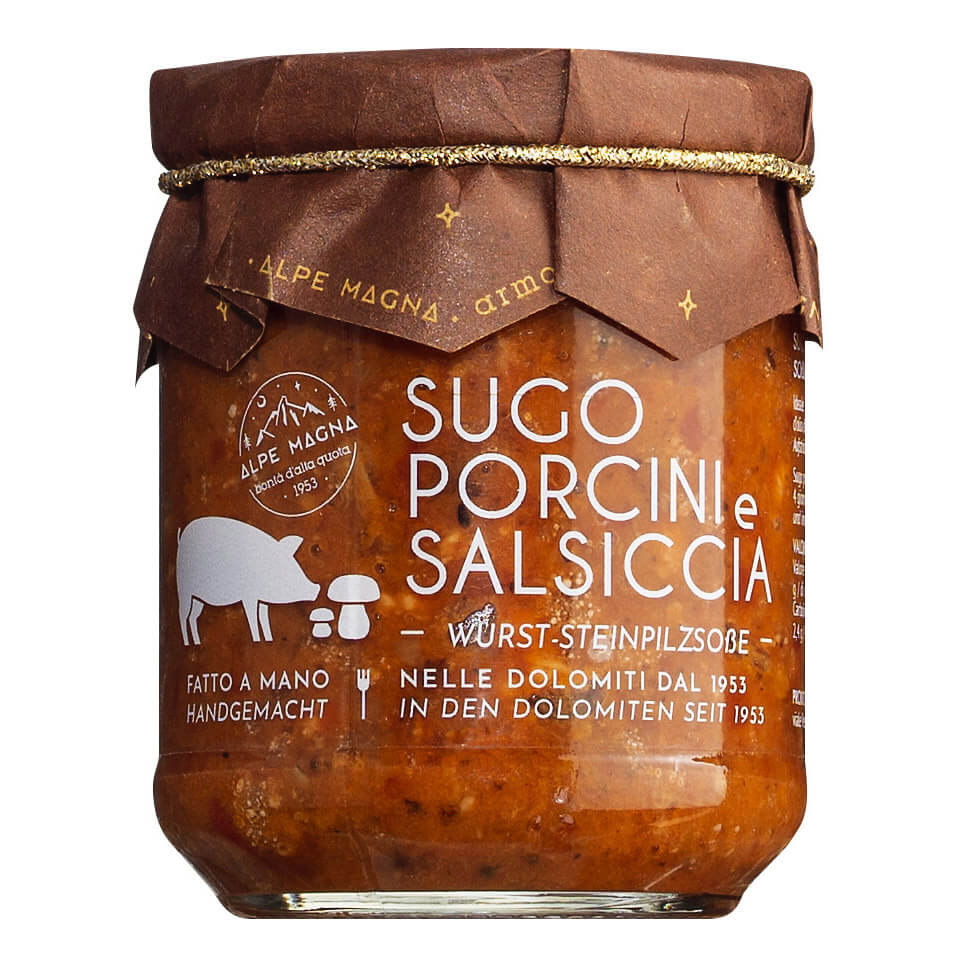 Ein 190g Glas Alpe Magna Sugo porcini e salsiccia (Sugo mit Steinpilzen und Salsiccia) mit braunem Papierdeckel und weißem Etikett.