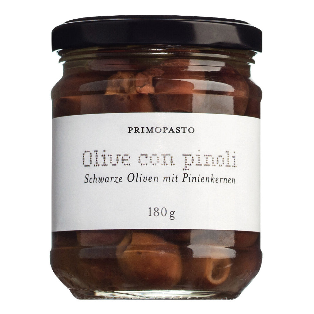 Olive con pinoli - schwarze Oliven mit Pinienkernen, 180 g
