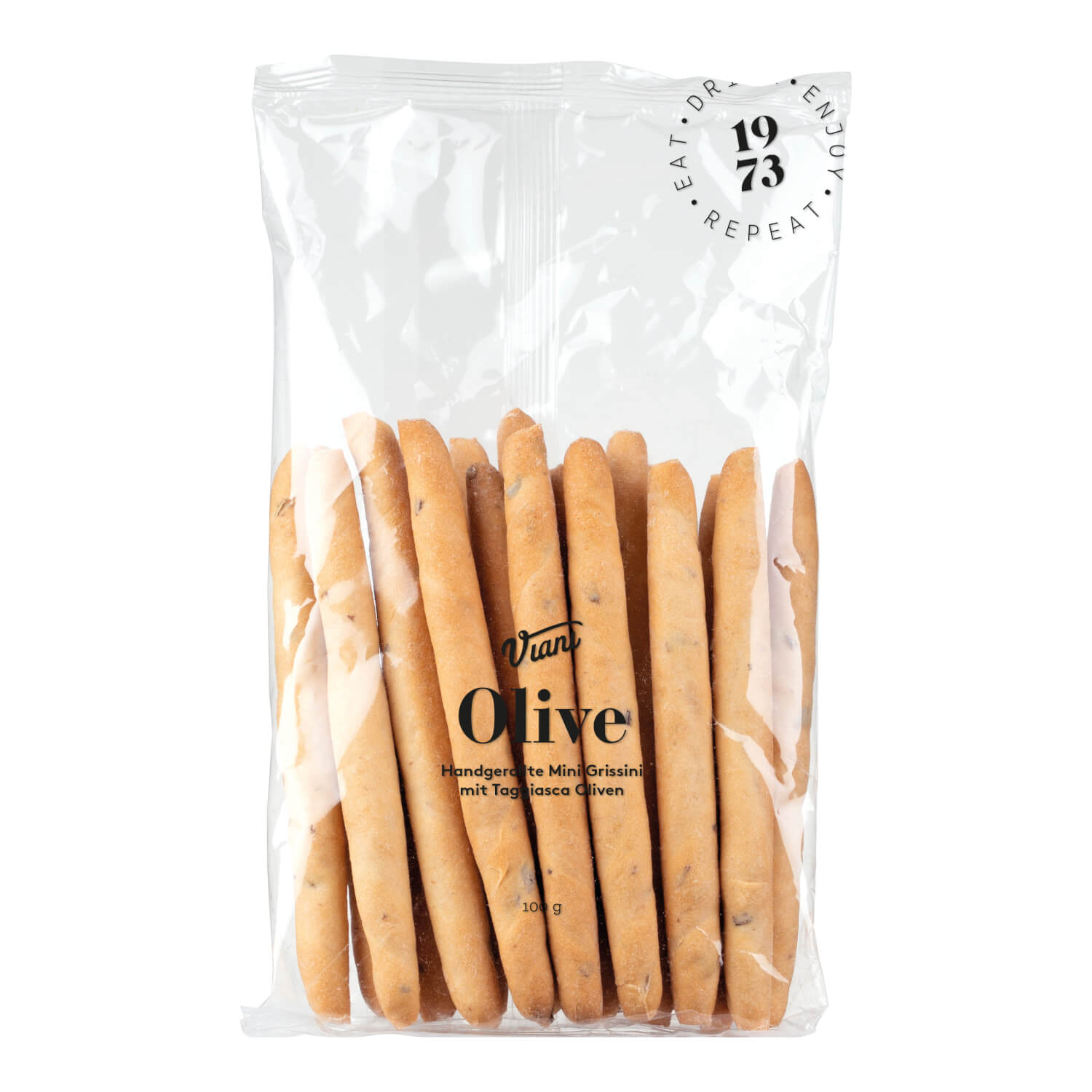 Ein durchsichtiger Beutel mit Viani & Co. Grissini mini alle olive taggiasche, mit handgerollten Mini-Brotstangen mit Taggiasca-Oliven, 100 g, mit sichtbaren Brotstangen im Inneren der Verpackung.