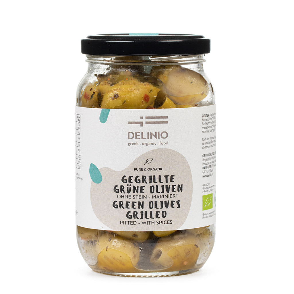 Gegrillte grüne Bio Oliven ohne Stein - mariniert von DELINIO, 180 g