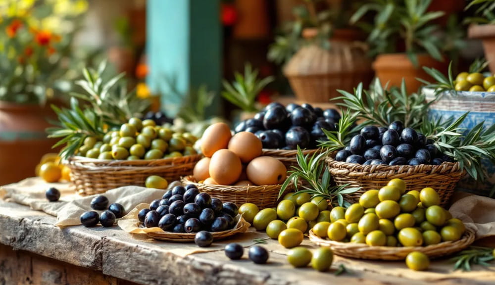 Verschiedene Olivensorten auf einem Tisch, die die Vielfalt der spanischen Oliven zeigen.