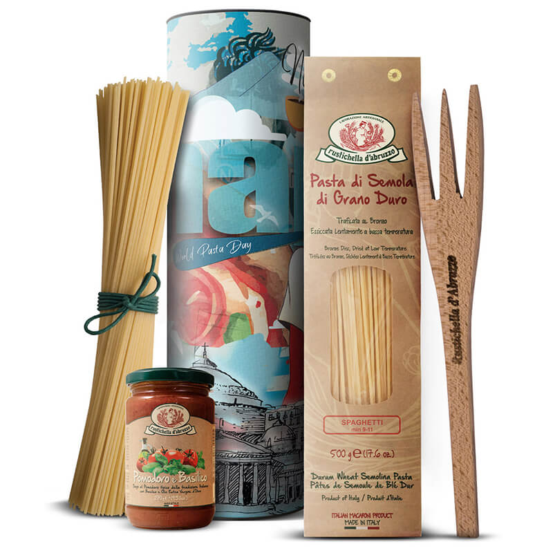 Pasta Set mit Sugo Pomodoro e Basilico in der Motivdose zum World Pasta Day von Rustichella, 500 g + 270 g