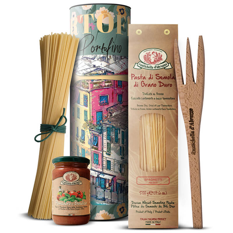 Pasta Set mit Sugo Pomodoro e Basilico in der Motivdose zum World Pasta Day von Rustichella, 500 g + 270 g