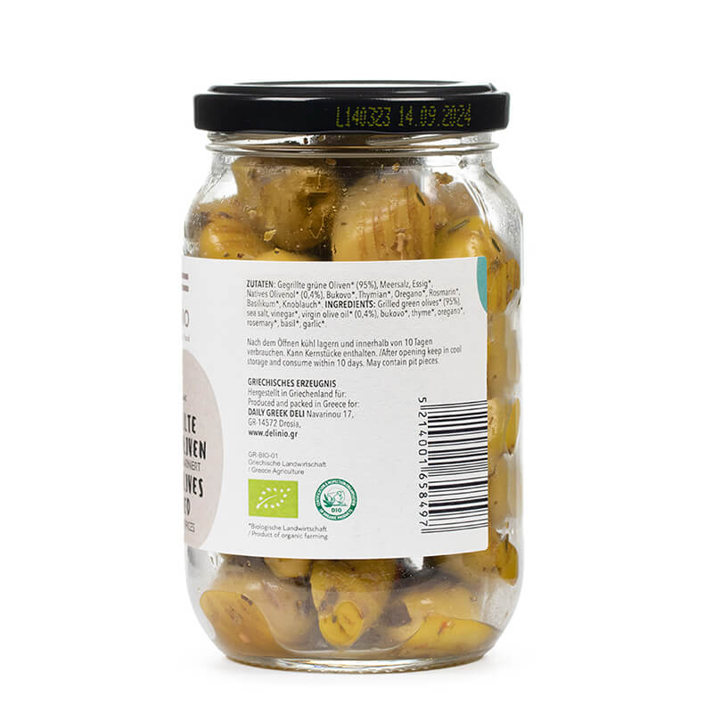 Gegrillte grüne Bio Oliven ohne Stein - mariniert von DELINIO, 180 g