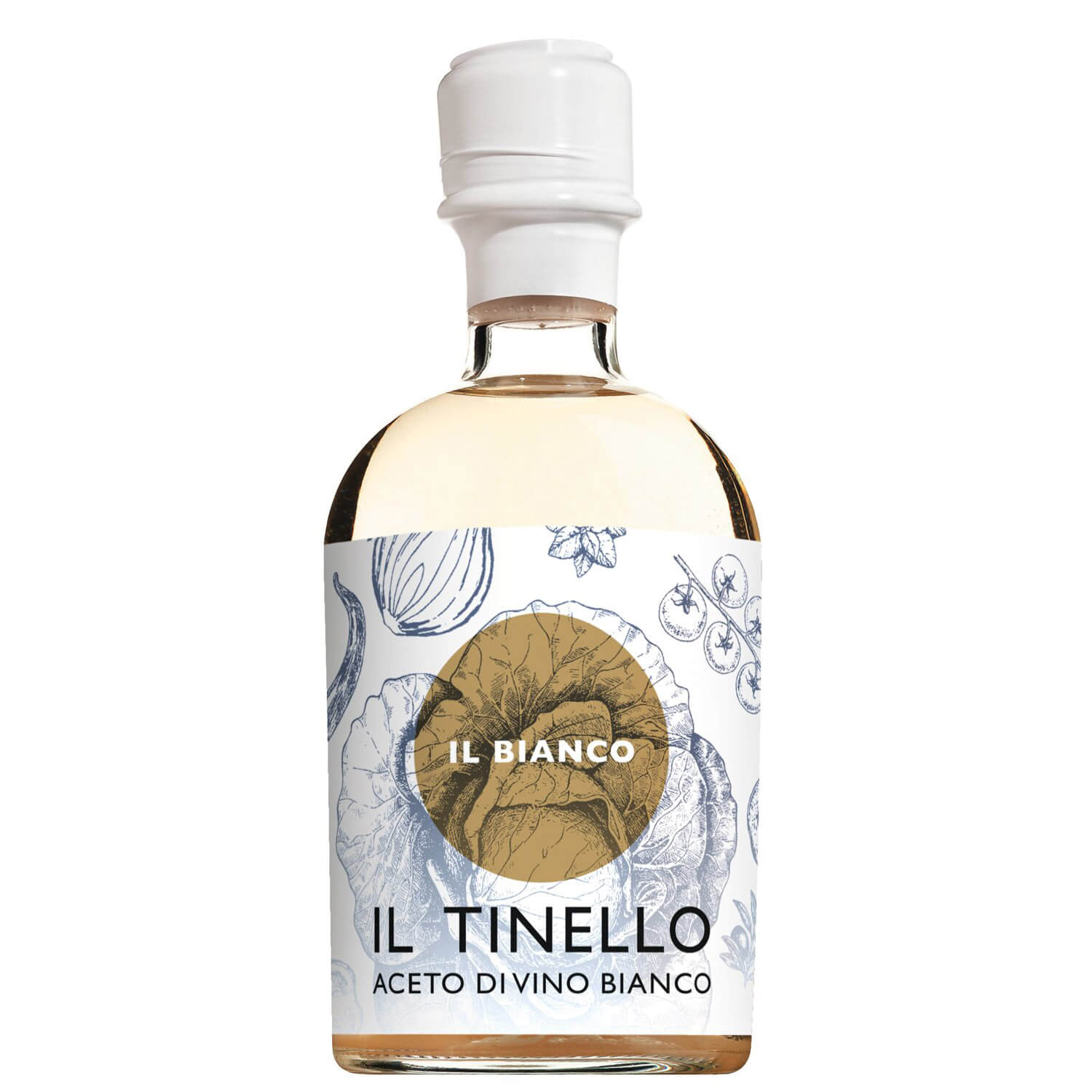 Eine 250-ml-Flasche Weißweinessig Il Tinello Aceto Di Vino Bianco von Il Borgo del Balsamico mit einem illustrierten Etikett, auf dem ein Mädchen bei der Weinlese zu sehen ist.