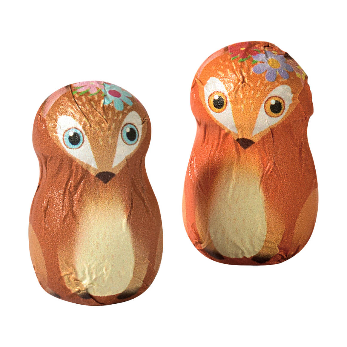 Zwei mit Gianduia-Creme gefüllte Schokoladenpralinen "Funny Fuchs" von Caffarel S.p.A. in einer 100-g-Packung sind in Folie verpackt und sehen aus wie niedliche Füchse mit großen Augen und Blumenkronen.