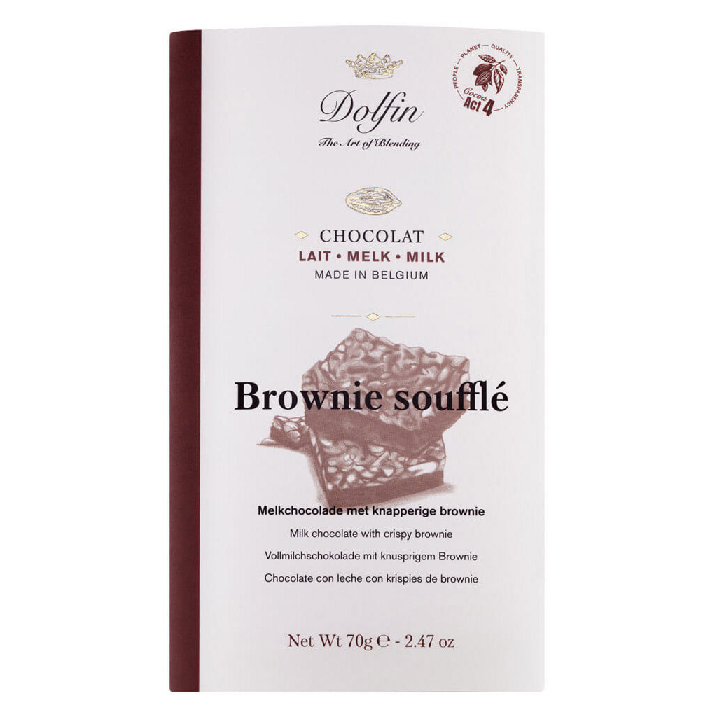 Eine Dolfin Schokolade Vollmilchschokolade mit Crispy Brownie, 70 g, mit auf der Verpackung abgebildeten Brownie-Stücken.