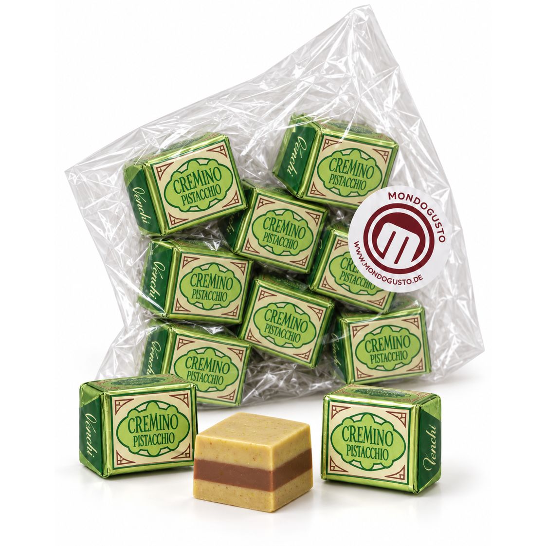 Drei Venchi Schichtpralinen aus Gianduia-Pistaziencreme, zwei verpackt und eine unverpackt mit sichtbarer Schichtung (100 g).