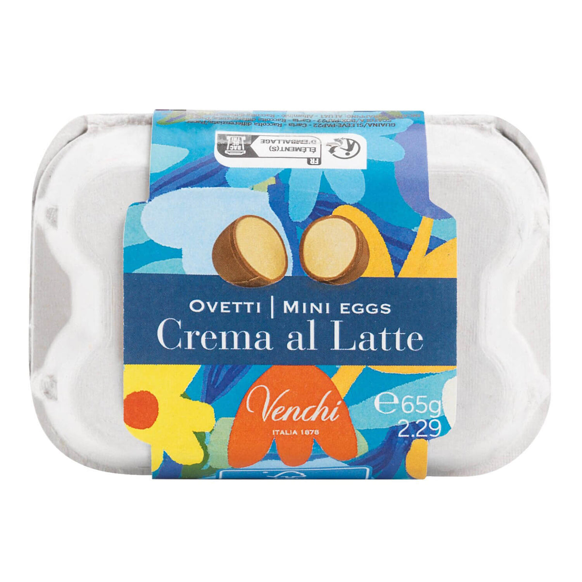 Eine 65g Schachtel Venchi Vollmilch Ostereier im Eierkarton, gefüllt mit Milchcreme.