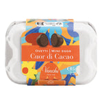 Eine 65g-Packung Venchi Zartbitter Ostereier im Eierkarton, gefüllt mit Kakaocreme, mit einem orange-rosa Blumenetikett.