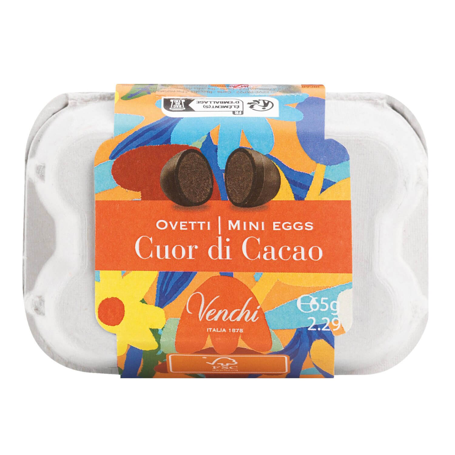 Eine 65g-Packung Venchi Zartbitter Ostereier im Eierkarton, gefüllt mit Kakaocreme, mit einem orange-rosa Blumenetikett.