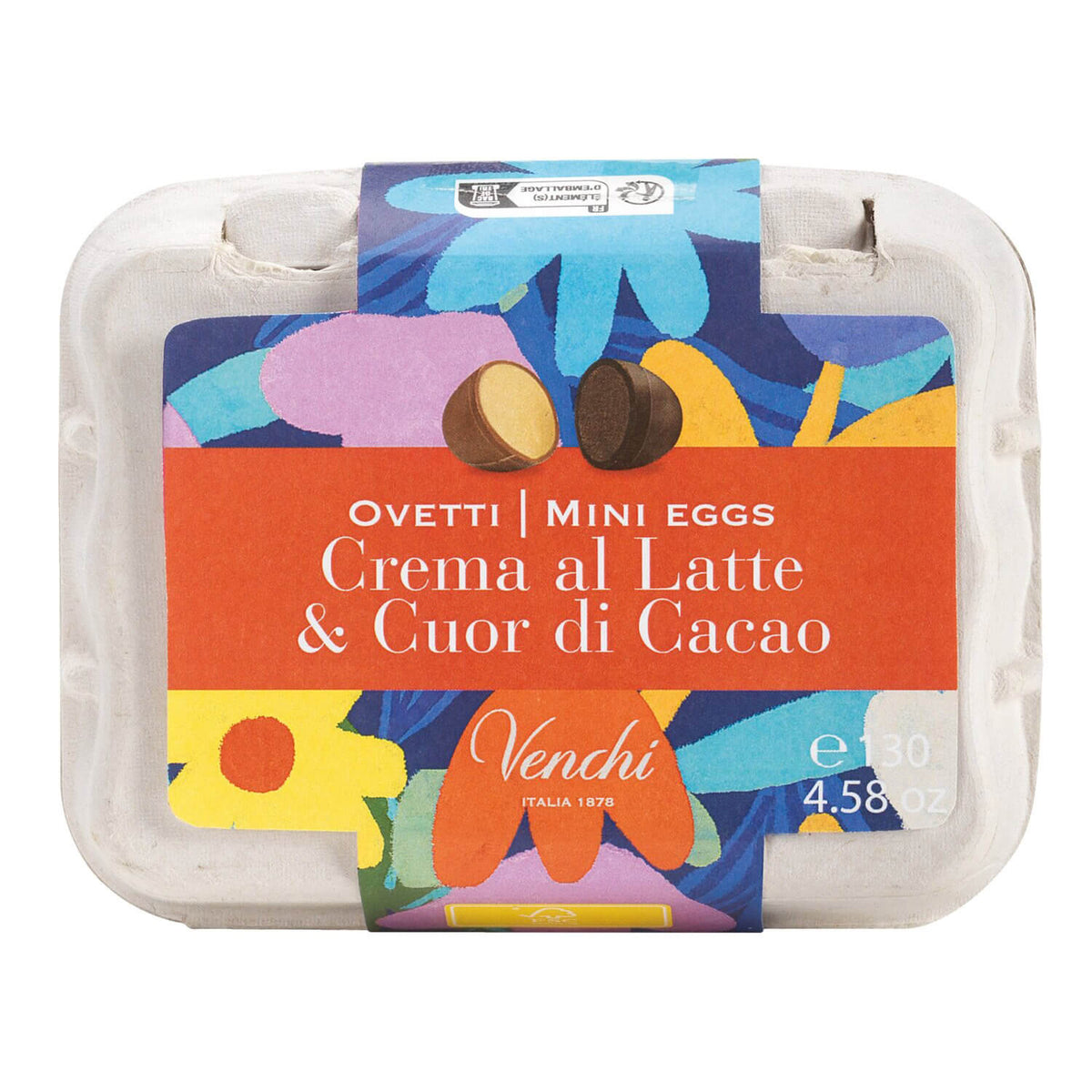Eine bunte Schachtel Venchi Ostereier gefüllt mit Kakao- & Milchcreme, 12 Stück, 130g.