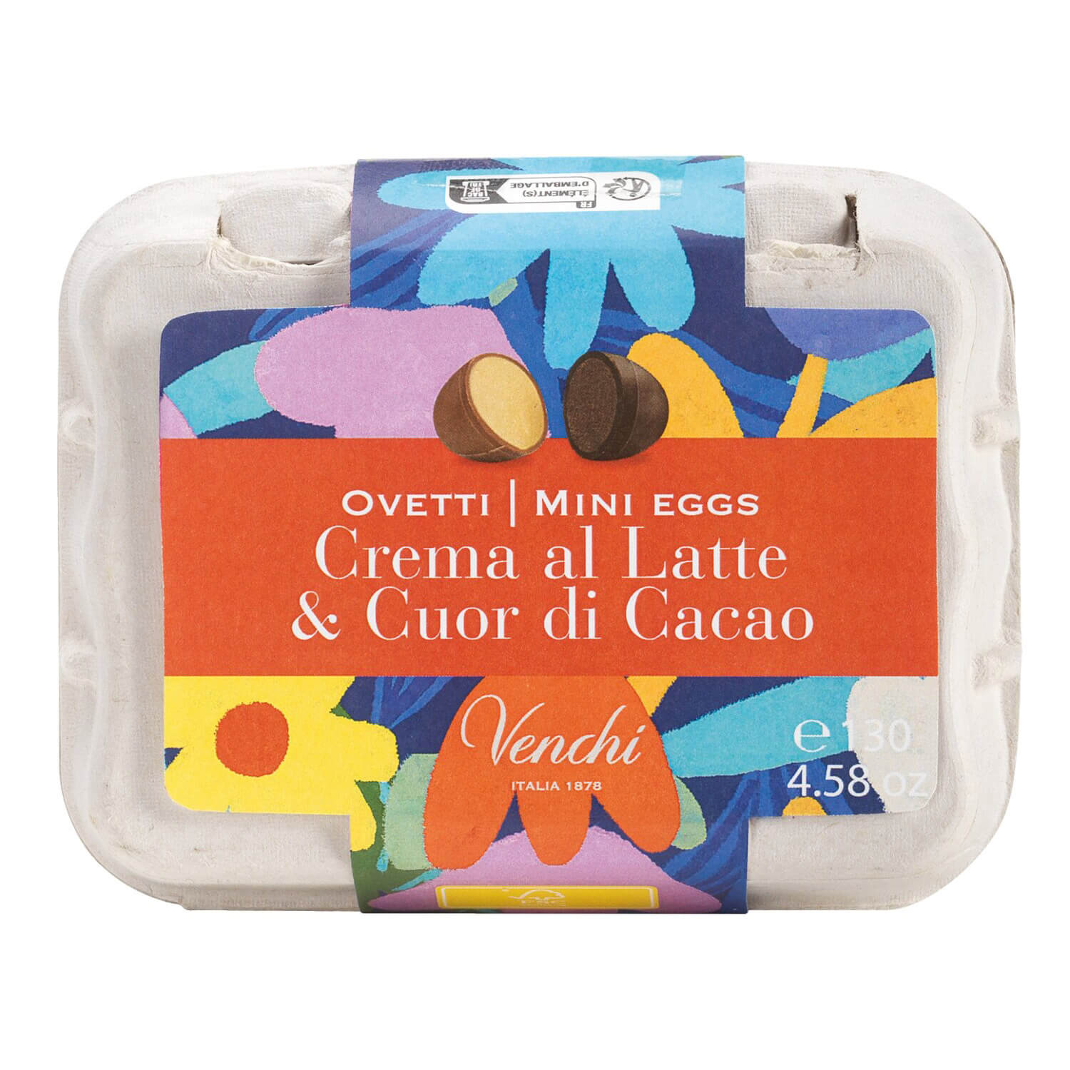 Eine bunte Schachtel Venchi Ostereier gefüllt mit Kakao- & Milchcreme, 12 Stück, 130g.