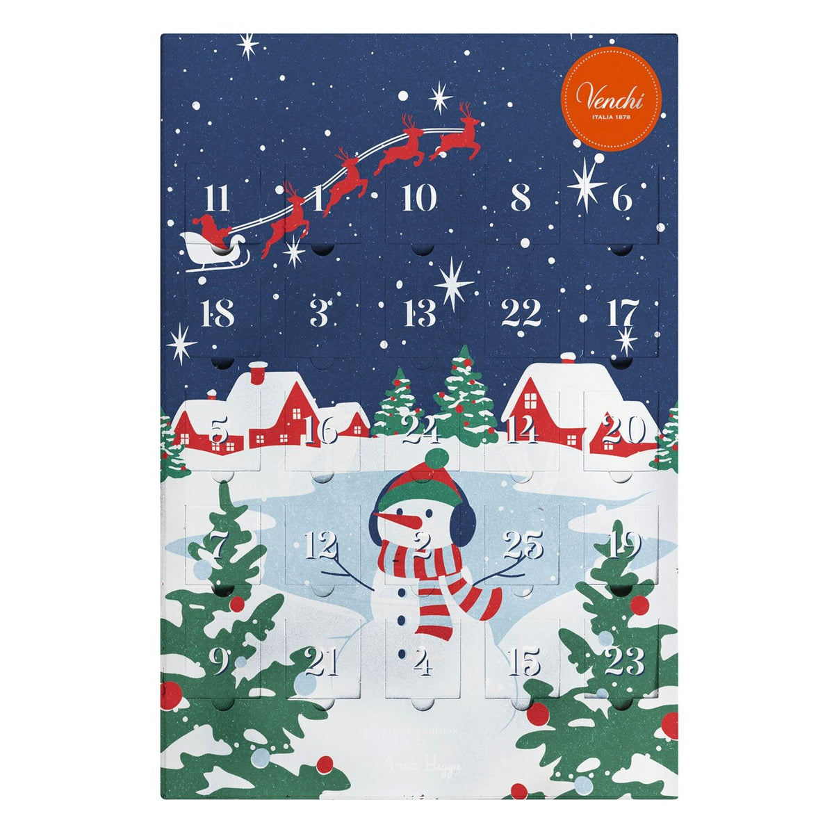 Farbenfroher Venchi Adventskalender mit festlichen Gebäuden, Weihnachtsbaum, nummerierten Türen und Menschen; enthält 181 g sortierte Schokoladentafeln.