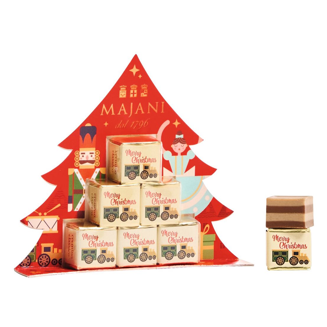 Majani S.p.A. Schichtpralinen Geschenkpackung als Weihnachtsbaum (61 g) in Form einer Pyramide aus Pralinen mit Weihnachtsmannpapier vor einem roten Weihnachtsbaumständer.