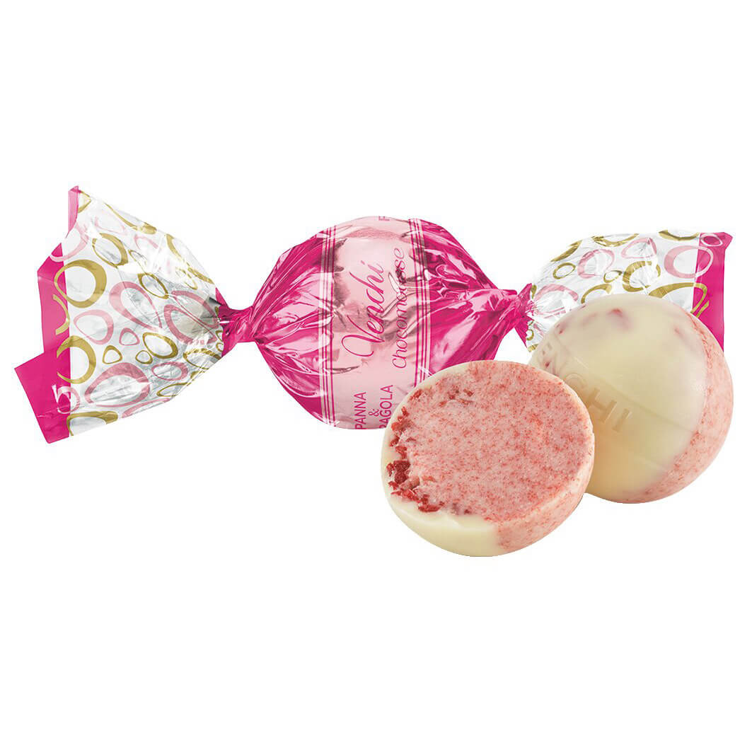 Eine runde rosa-weiße Venchi-Praline mit Erdbeer, Sahne & Chocomousse (100 g) mit einer glänzenden rosa-klaren Verpackung, ein Stück teilweise ausgepackt.