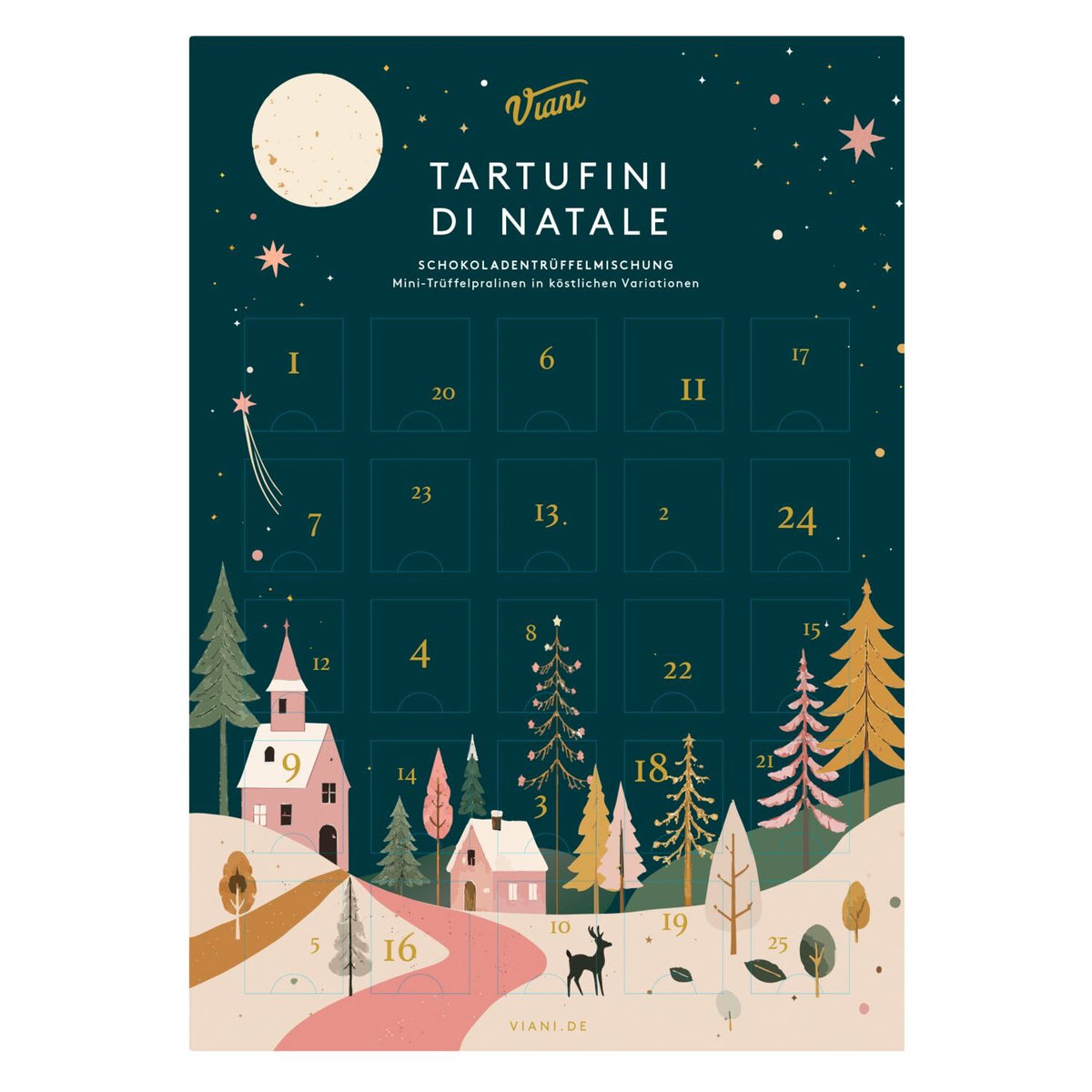 Adventskalender mit Schneeflocken und Zahlen, beschriftet mit Adventskalender mit gemischten Tartufini dolci, 175 g von Viani & Co. auf dunklem Hintergrund.