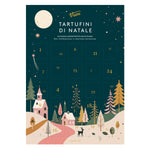 Adventskalender mit Schneeflocken und Zahlen, beschriftet mit Adventskalender mit gemischten Tartufini dolci, 175 g von Viani & Co. auf dunklem Hintergrund.