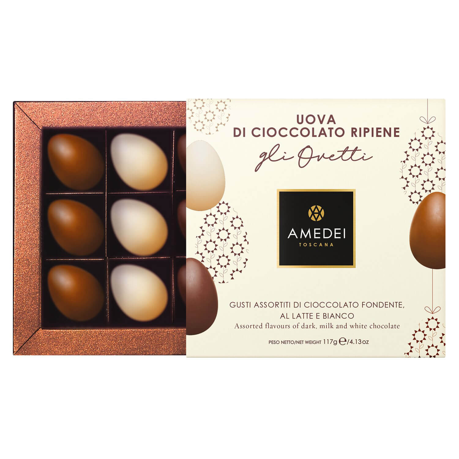 Amedei Ostereier Pralinenmischung Gli Ovetti, 117 g: sortierte Eier aus Zartbitter-, Milch- und weißer Schokolade mit italienischem und englischem Text auf der Verpackung.