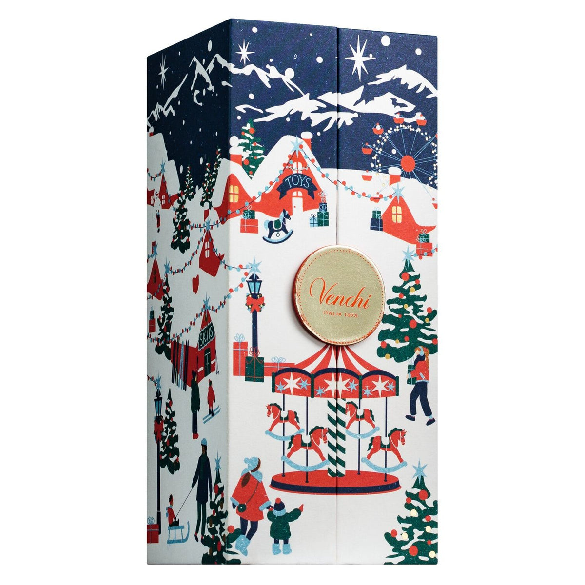 Der Venchi Adventskalender Prestige mit 24 Schubladen (310g) zeigt ein festliches Design mit einer roten Schleife, einer Winterszene und Menschen, die vor einem geschmückten Haus Schlittschuh laufen.