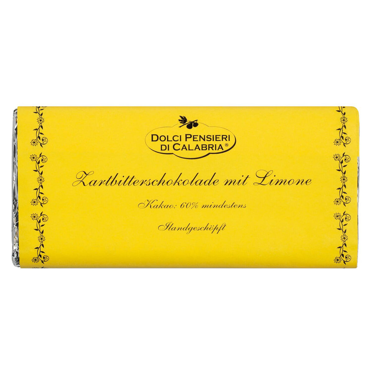 Das gelbe Deckblatt mit der Aufschrift "Bitterschokolade mit Limone, handgeschöpft von Dolci pensieri, 75 g" ist mit einer floralen Umrandung und einem italienischen Branding versehen.