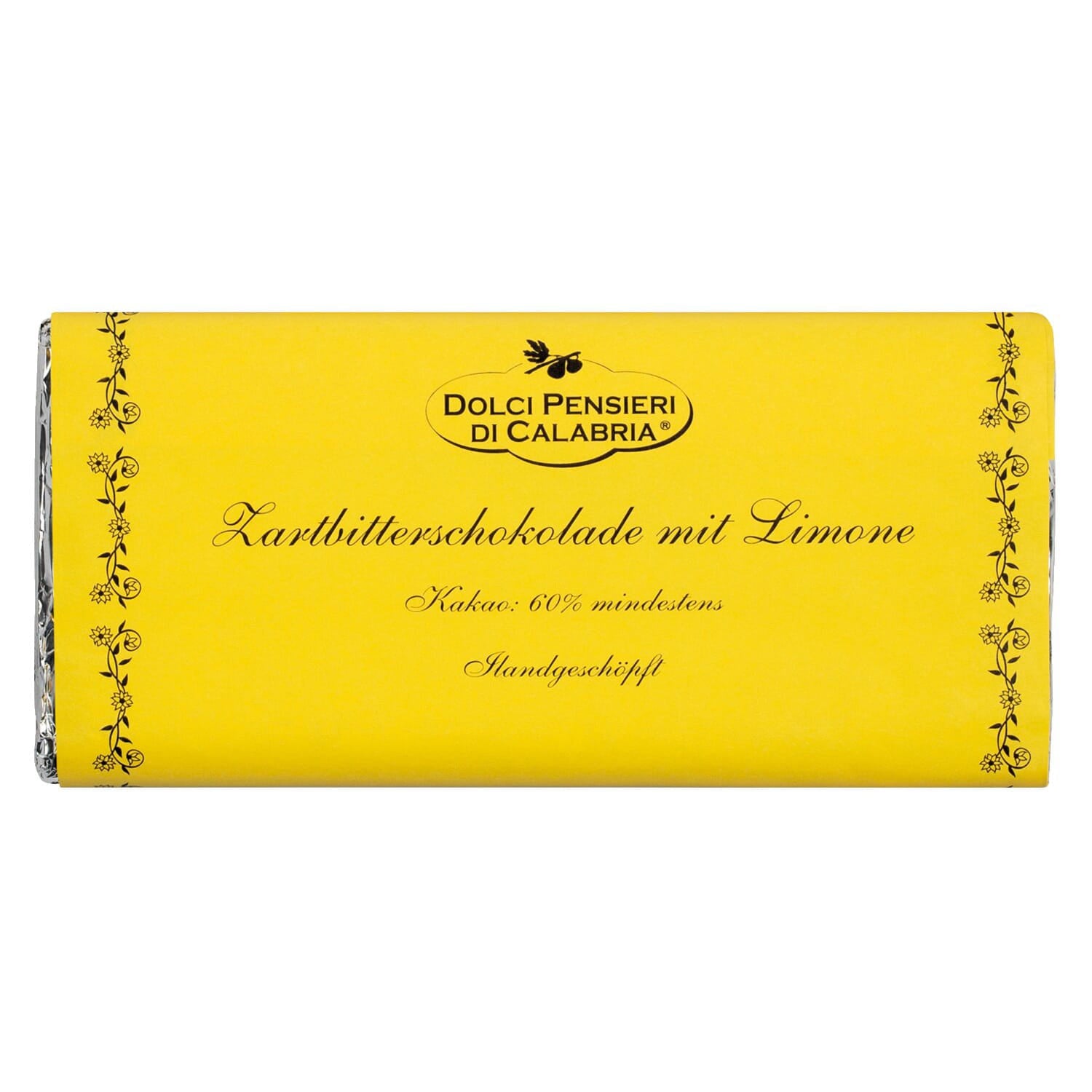 Das gelbe Deckblatt mit der Aufschrift "Bitterschokolade mit Limone, handgeschöpft von Dolci pensieri, 75 g" ist mit einer floralen Umrandung und einem italienischen Branding versehen.