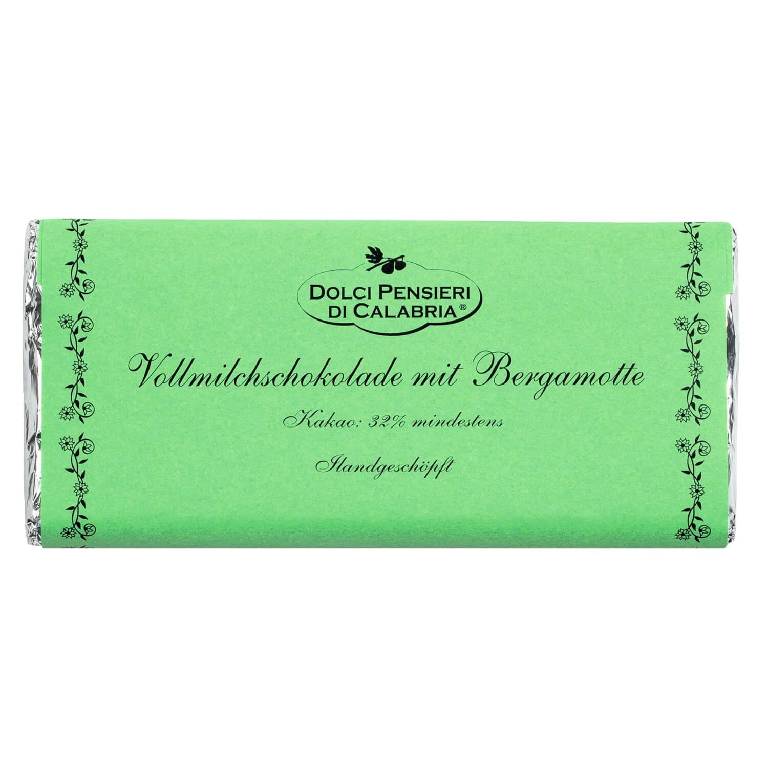 Eine grün verpackte 75-g-Tafel von Dolci pensieri mit der Aufschrift "Vollmilchschokolade mit Bergamotte, handgeschöpft von Dolci Pensierei" ist mit Blumenrändern versehen.