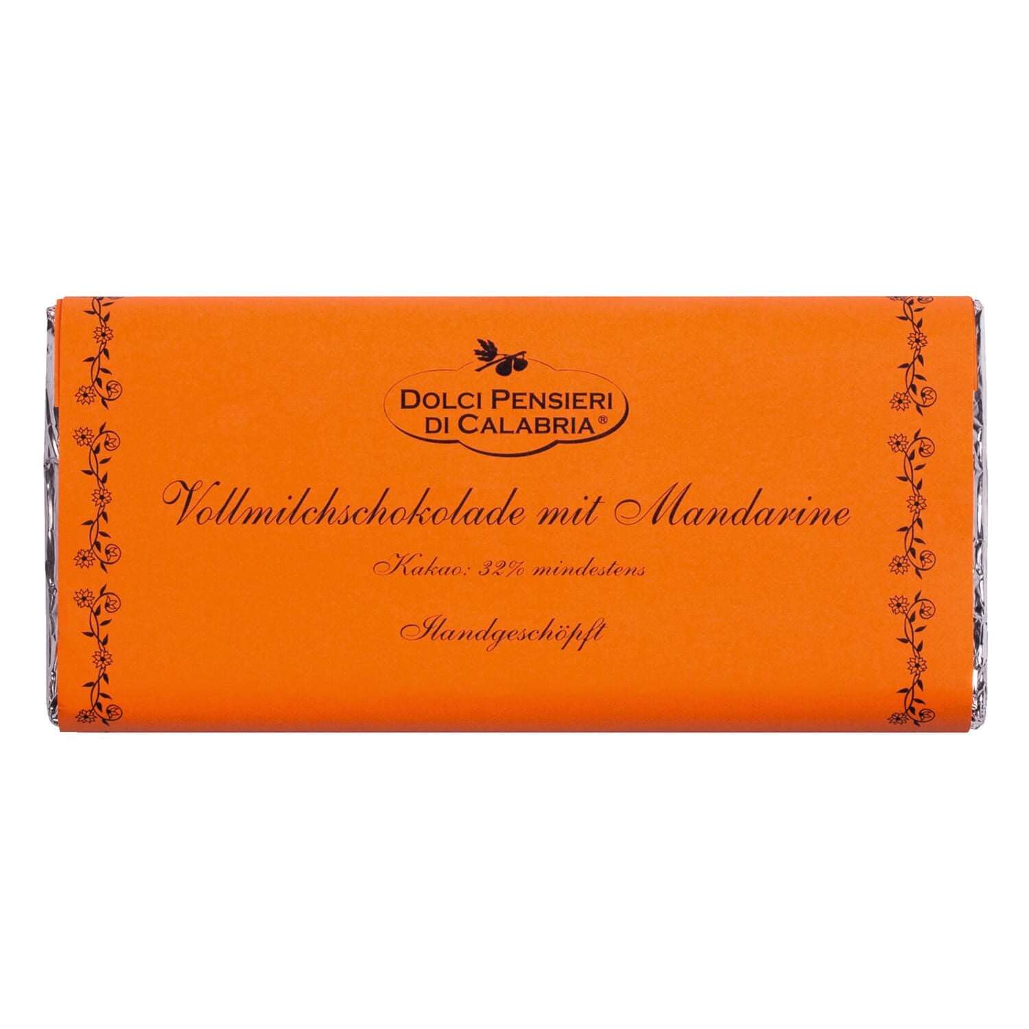 Handgefertigte 75g-Schokoladentafel von Dolci pensieri mit der Aufschrift "Vollmilchschokolade mit Vanille und Mandarinen", mit orangefarbener Umhüllung und dekorativem Rand.