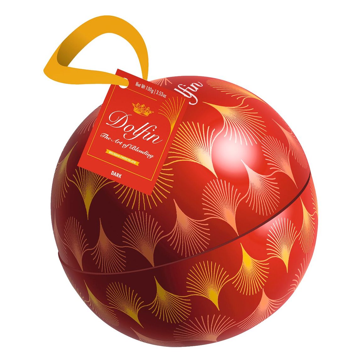 Weihnachtskugel aus Metall, gefüllt mit Zartbitter-Napolitains von Dolfin, 100 g