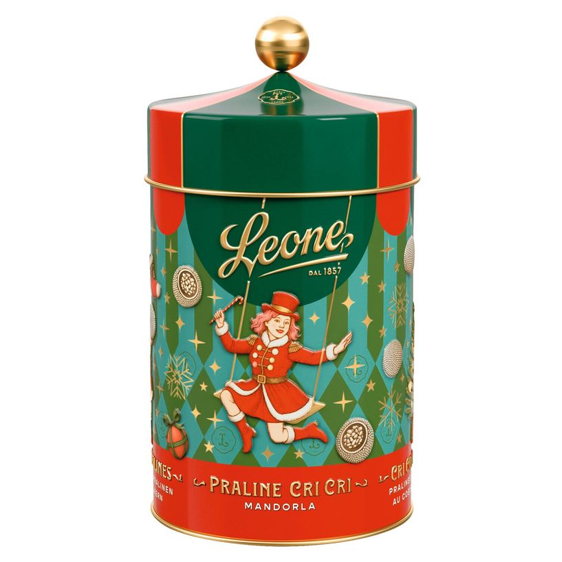 Zirkuszelt-Dose mit Cri Cri-Mandelpralinen von Leone, 100 g