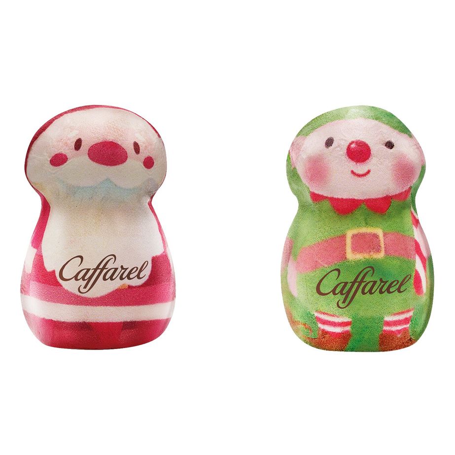 Mini Weihnachtsmänner mit Gianduia-Füllung von Caffarel (100 g) - leckere Schokoladenfiguren, in Folie mit fröhlichem Weihnachtsmann-Motiv von Caffarel S.p.A. verpackt.