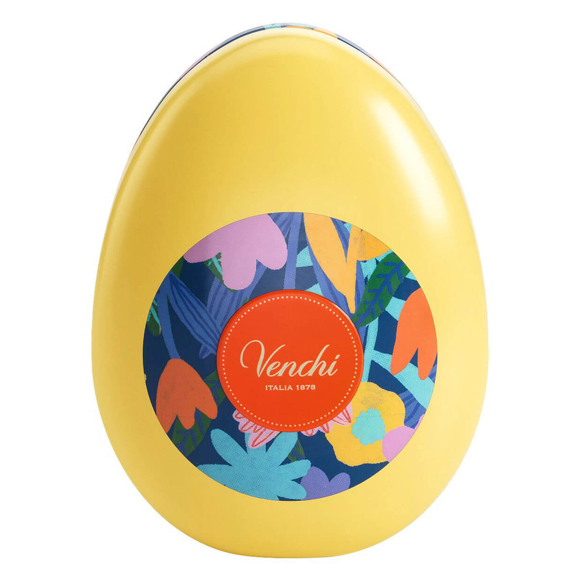Die Pralinenmischung in Osterei Dose von Venchi (77 g) hat eine gelbe, eiförmige Dose mit buntem Blumenmuster und einem runden Venchi-Etikett in der Mitte.