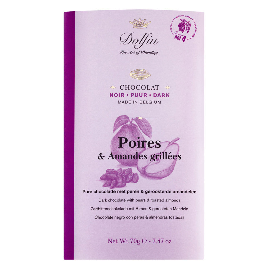 Dolfin Zartbitterschokolade mit Birne & gerösteten Mandeln, 70 g