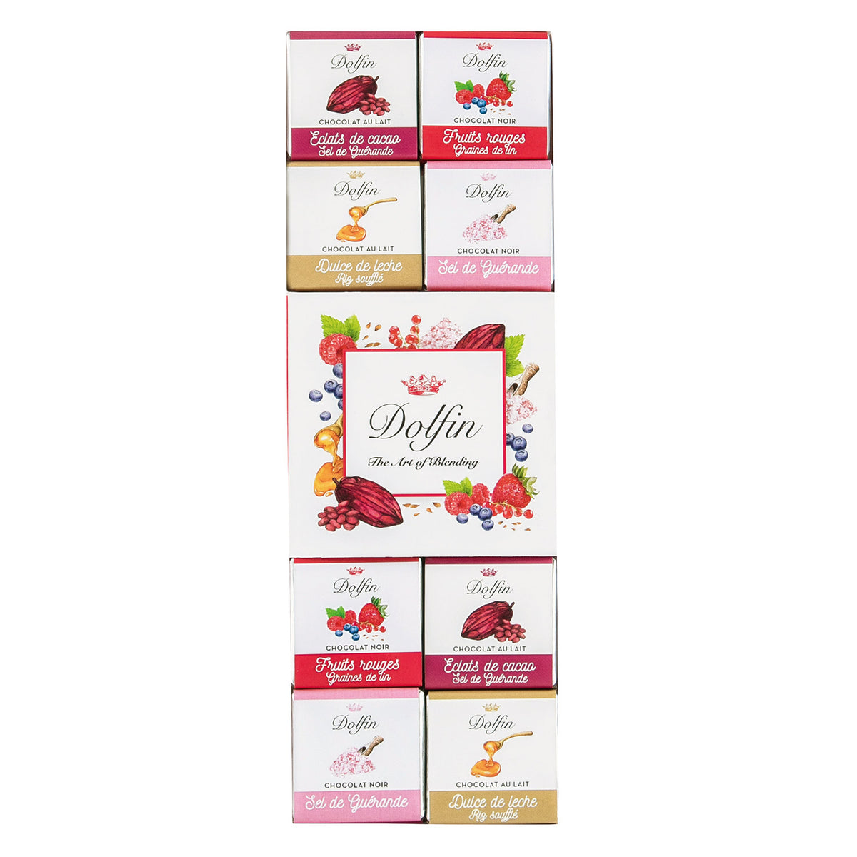 24 verschiedene Dolfin Schokolade Carré Napolitains - gesalzene Zartbitter- und Vollmilchschokolade (108 g) - in einer farbenfrohen Verpackung, angeordnet um eine zentrale Dolfin-Logo-Karte.
