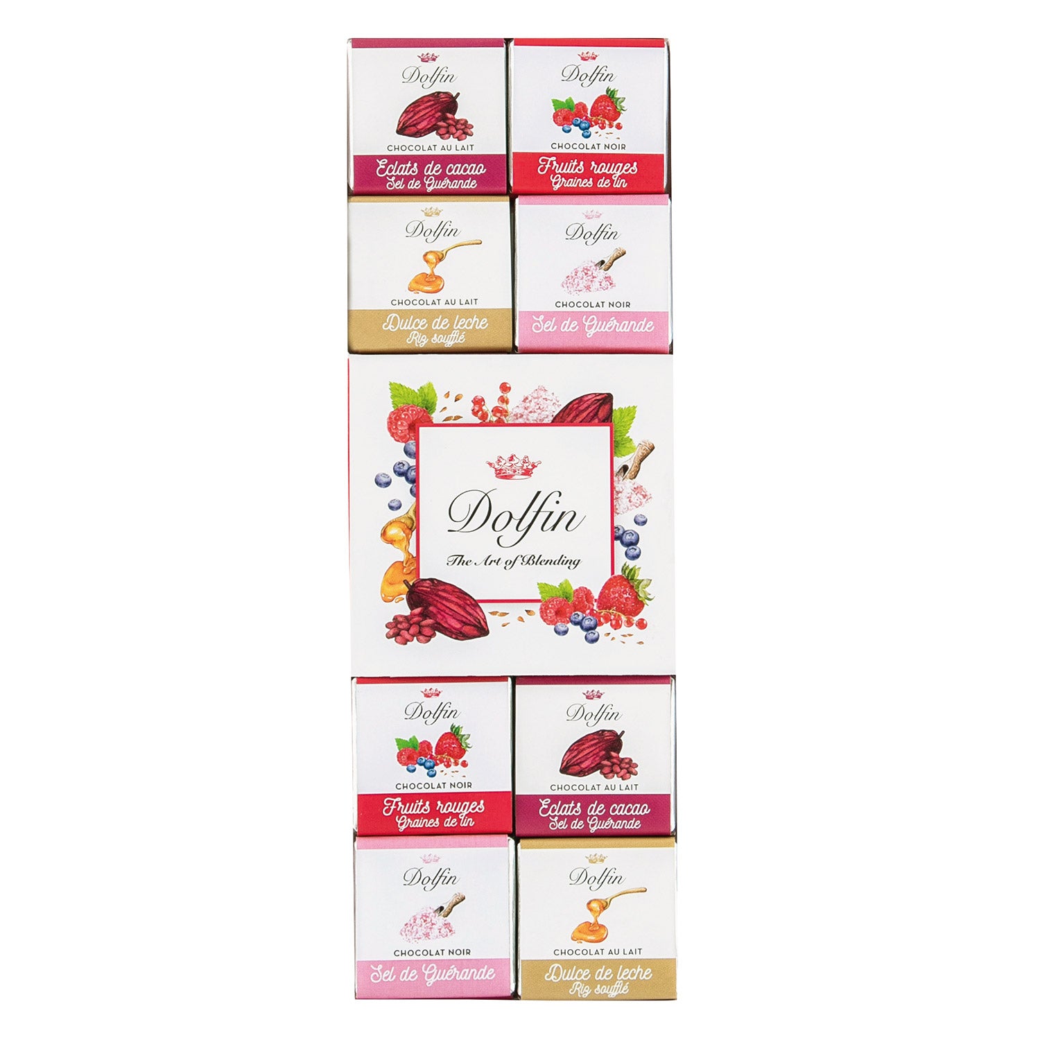 24 verschiedene Dolfin Schokolade Carré Napolitains - gesalzene Zartbitter- und Vollmilchschokolade (108 g) - in einer farbenfrohen Verpackung, angeordnet um eine zentrale Dolfin-Logo-Karte.