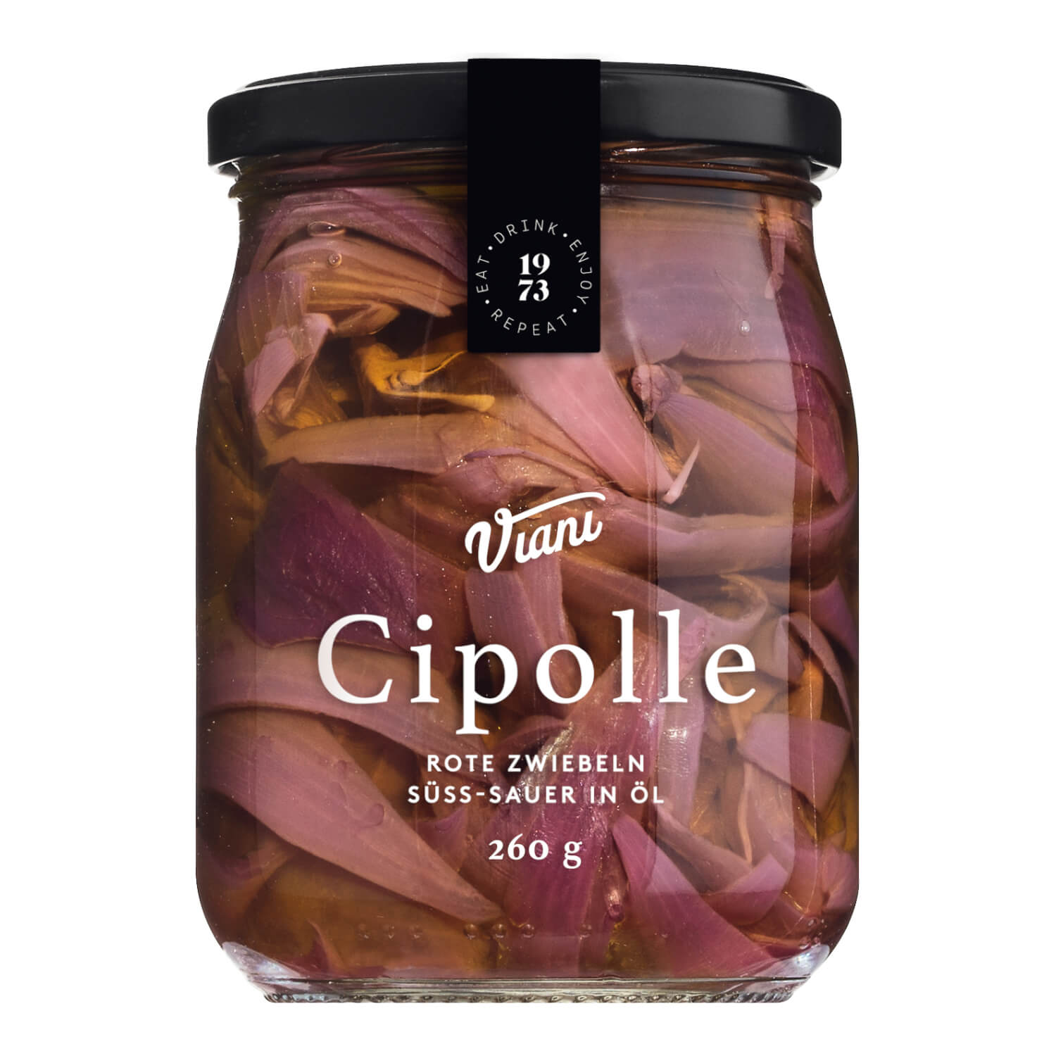 Ein Glas der Firma Viani & Co. Rote Zwiebelspalten süßsauer in Öl, 260 g.