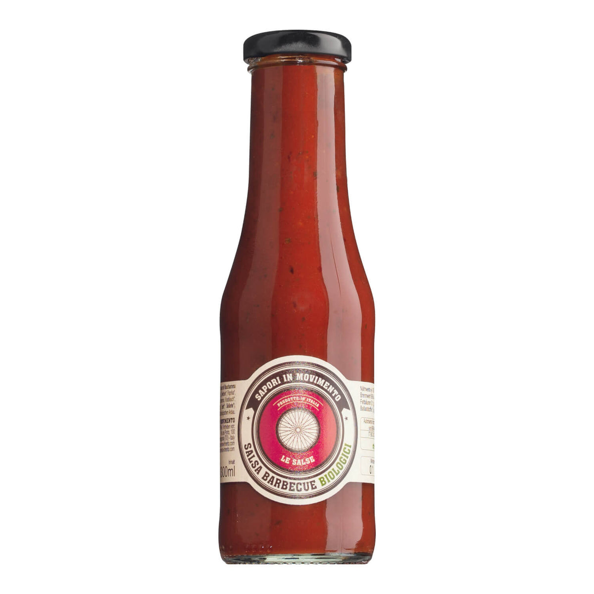 Eine 300 ml Glasflasche Sapori in Movimento Barbecue-Sauce mit schwarzem Verschluss und rundem Frontetikett.