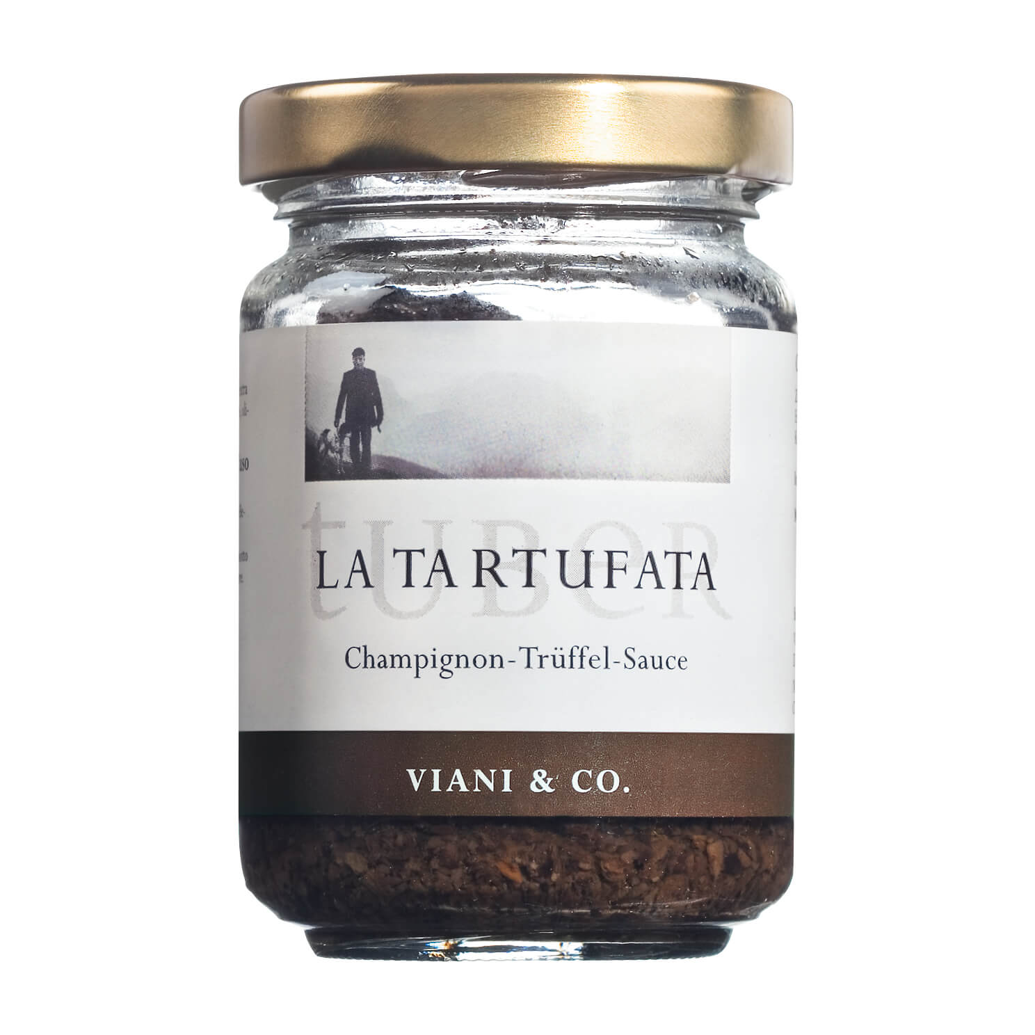 Ein Glas mit 120 g La Tartufata Champignon-Trüffelcreme von Viani & Co. mit einem goldenen Deckel.