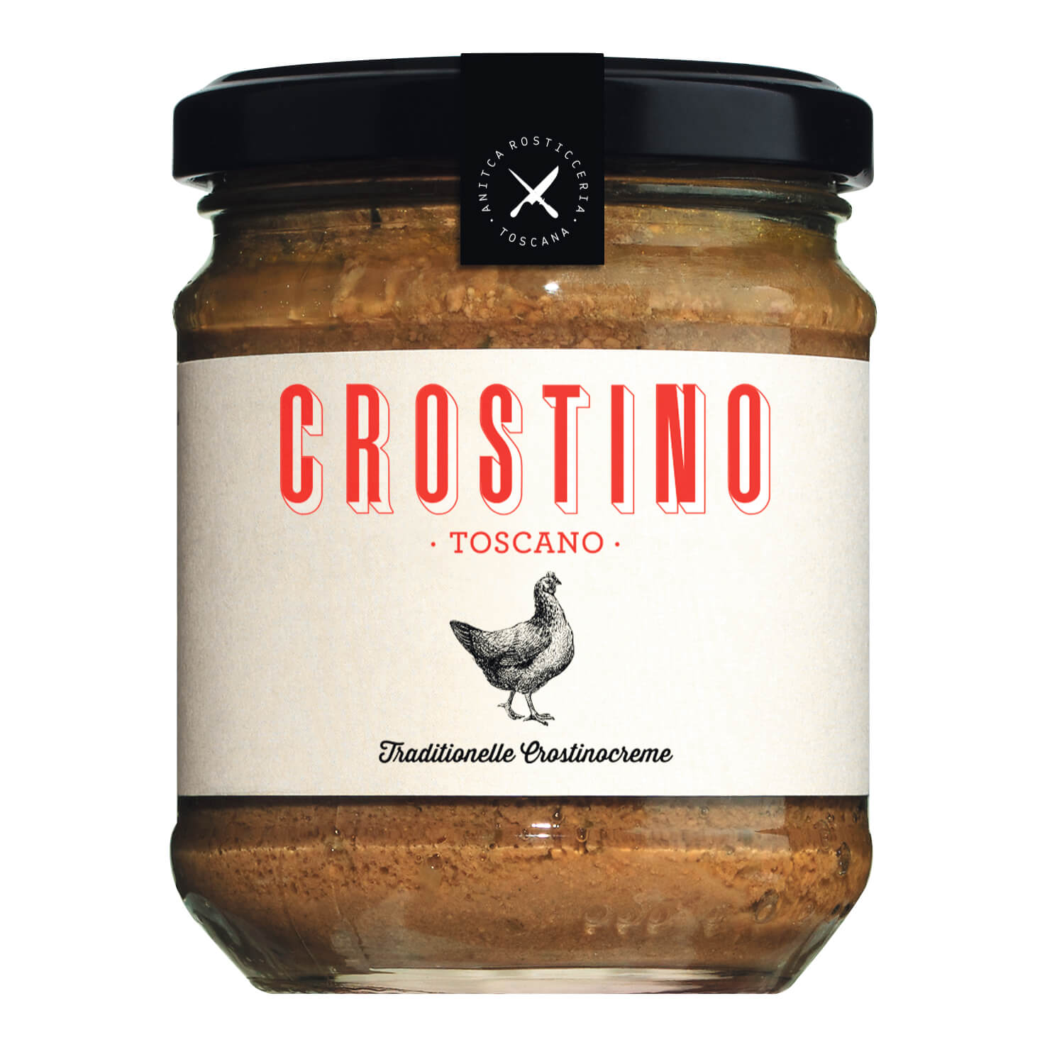 Ein Glas mit der Aufschrift Wildspezialitäten Toskanische Crostinicreme aus Hühnerleber & Hähnchenfleisch, 180 g, zeigt eine Hühnerdarstellung und einen schwarzen Deckel.