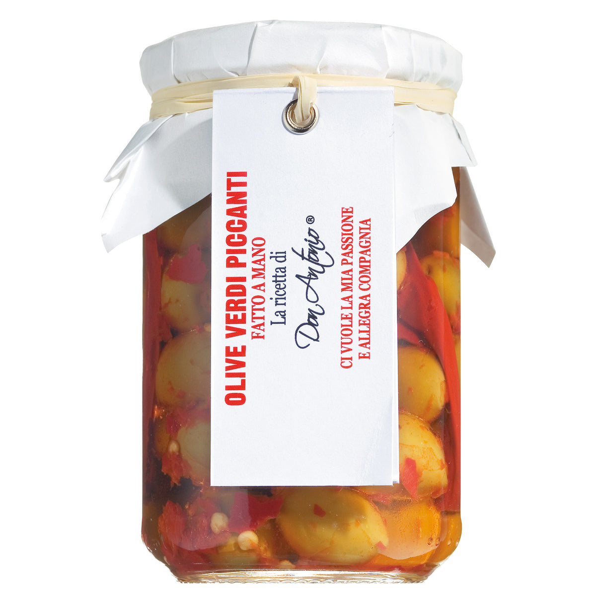 Ein Glas mit 280 g Don Antonio srl Olive verdi piccanti - grüne Oliven mit Kernen in Olivenöl und Chili - mit weißem Papierdeckel und italienischem Etikett.