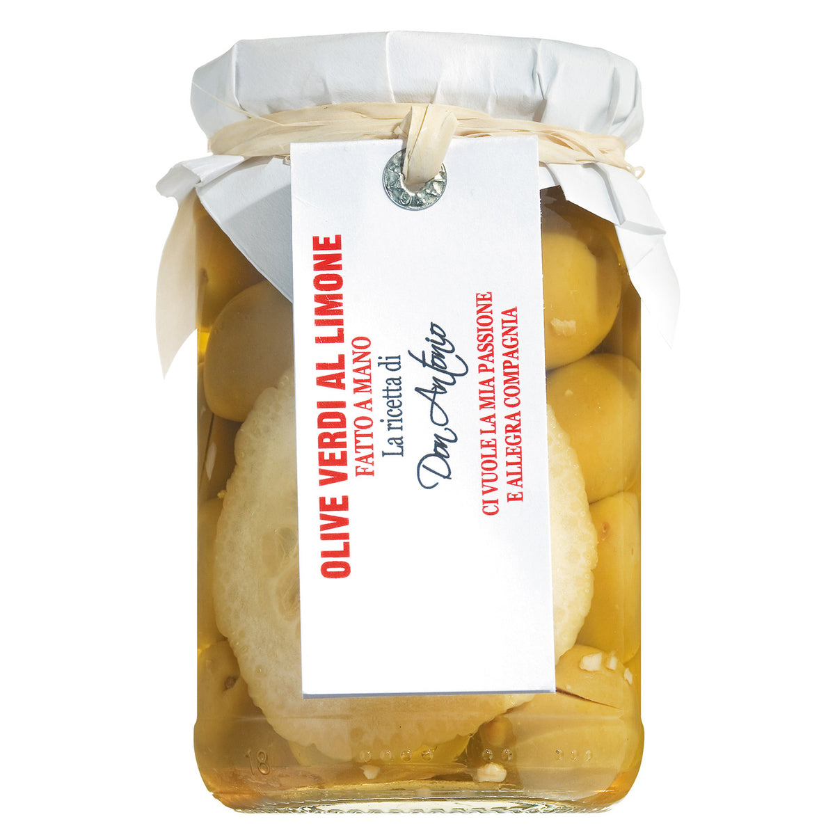 Ein 280g-Glas mit "Olive verdi al limone" von Don Antonio srl - grüne Oliven mit Kern, eingelegt in Olivenöl und Zitrone, mit italienischem Etikett und weißem Papierdeckel.