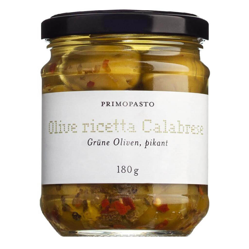 Olive ricetta Calabrese - grüne Oliven pikant mit Chili eingelegt, 180 g