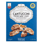 Blaue Schachtel Lenzi Cantuccini Toscani IGP alle mandorle (toskanisches Mandelgebäck), 150 g, mit Biscotti und Mandeln auf der Vorderseite.