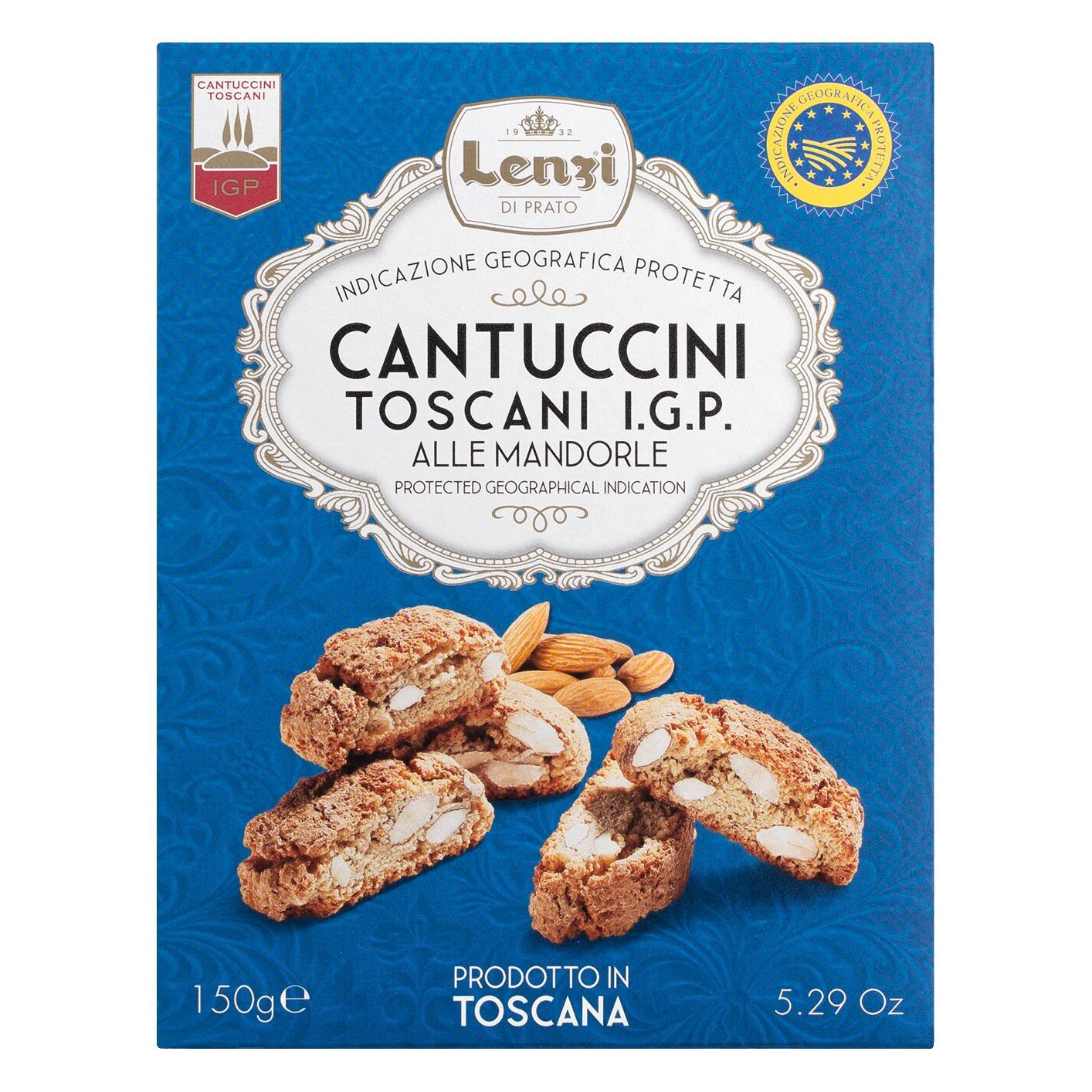 Blaue Schachtel Lenzi Cantuccini Toscani IGP alle mandorle (toskanisches Mandelgebäck), 150 g, mit Biscotti und Mandeln auf der Vorderseite.