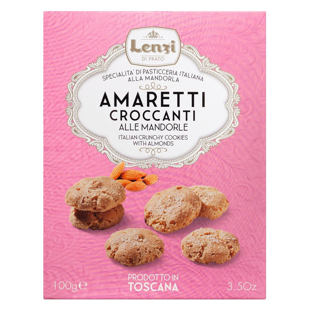 Auf einer lila Schachtel Lenzi Amaretti Croccanti alle Mandorle (knusprige Mandelmakronen, 100 g) sind knusprige Mandelkekse und Mandeln auf der Vorderseite abgebildet.
