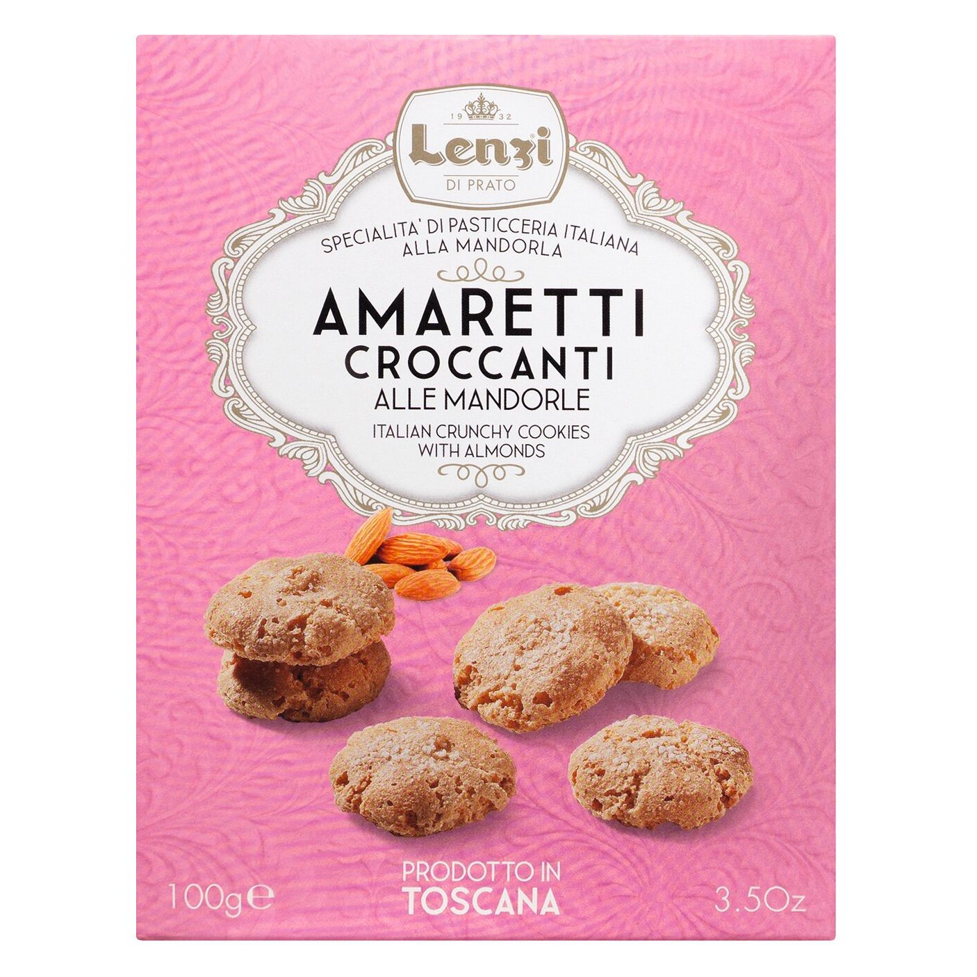 Auf einer lila Schachtel Lenzi Amaretti Croccanti alle Mandorle (knusprige Mandelmakronen, 100 g) sind knusprige Mandelkekse und Mandeln auf der Vorderseite abgebildet.
