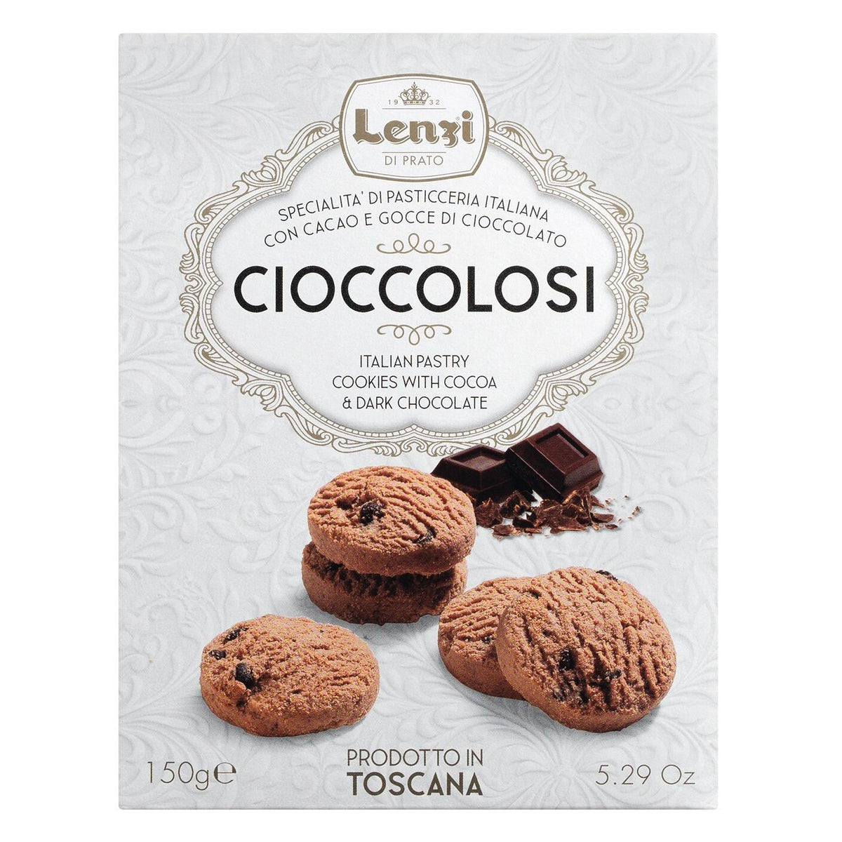 Eine 150g-Packung Lenzi Cioccolosi - Kekse aus Schokolade und Kakao (Pasticcini al Cioccolato), mit Abbildungen von Keksen und Schokoladenstücken auf der Verpackung.