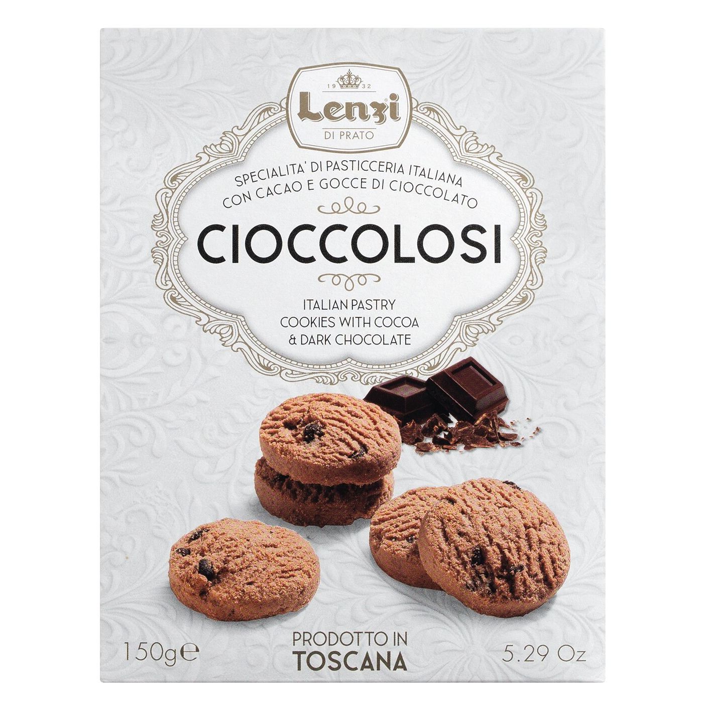 Eine 150g-Packung Lenzi Cioccolosi - Kekse aus Schokolade und Kakao (Pasticcini al Cioccolato), mit Abbildungen von Keksen und Schokoladenstücken auf der Verpackung.